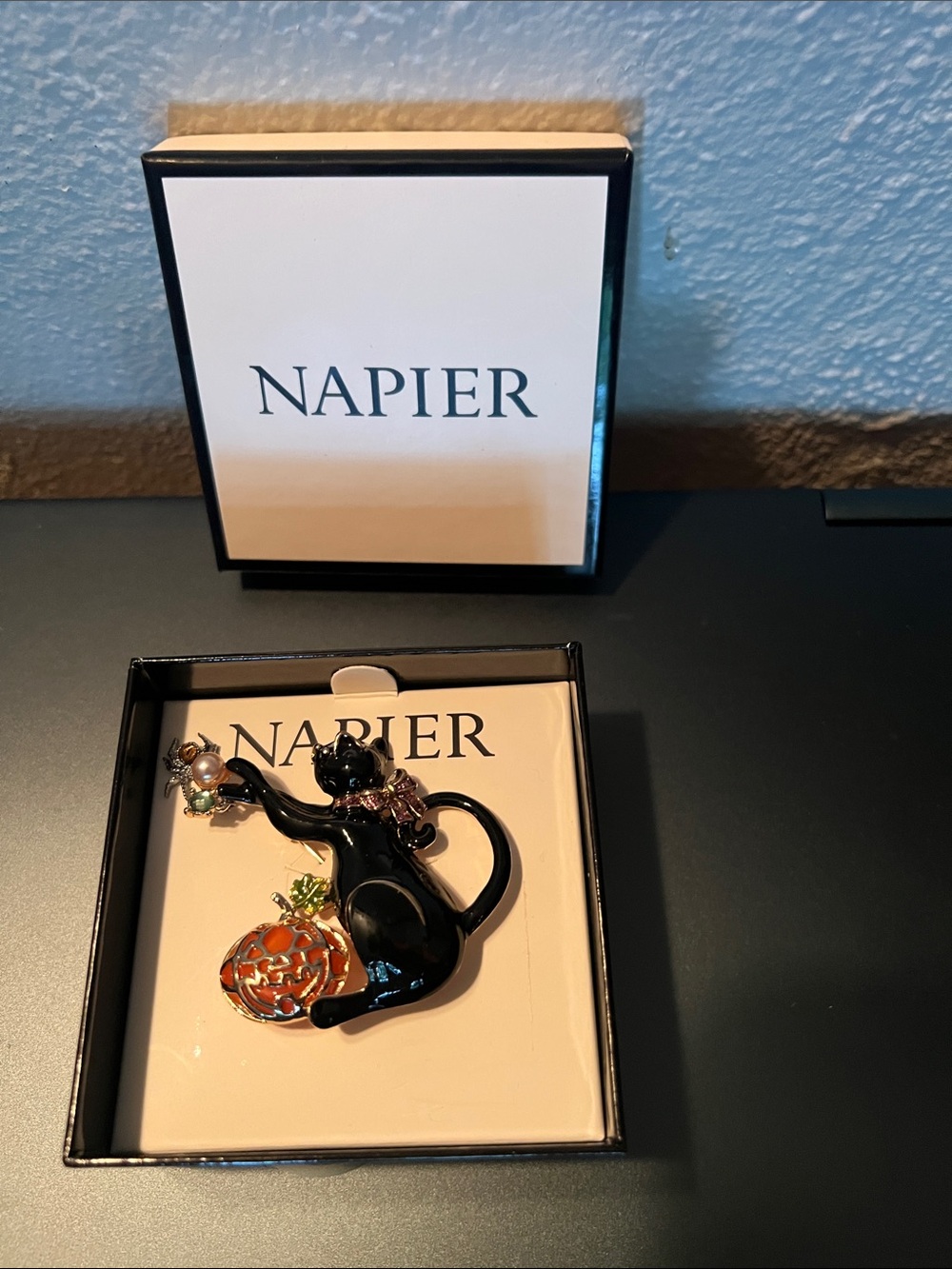 Napier Black Cat with Orange Pumpkin and Multicolor Jewels Brooch